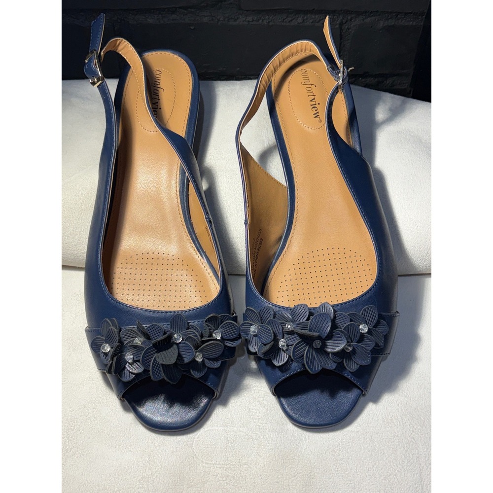 Comfortview Navy Blue Floral Peep Toe Slingback Wedge Sandals Womens 10W